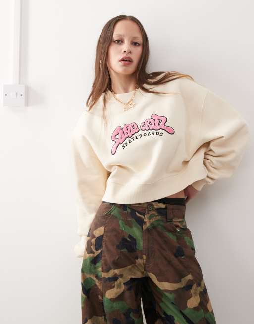 Santa Cruz - Felpa girocollo color crema con logo rosa