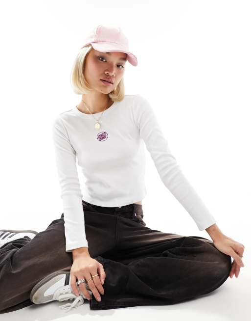 Santa Cruz fitted long sleeve top with embroidered logo in white