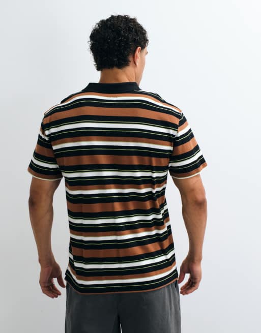 Santa Cruz gestreiftes kurzärmliges Polohemd in Schwarz/Braun, 3 von 5