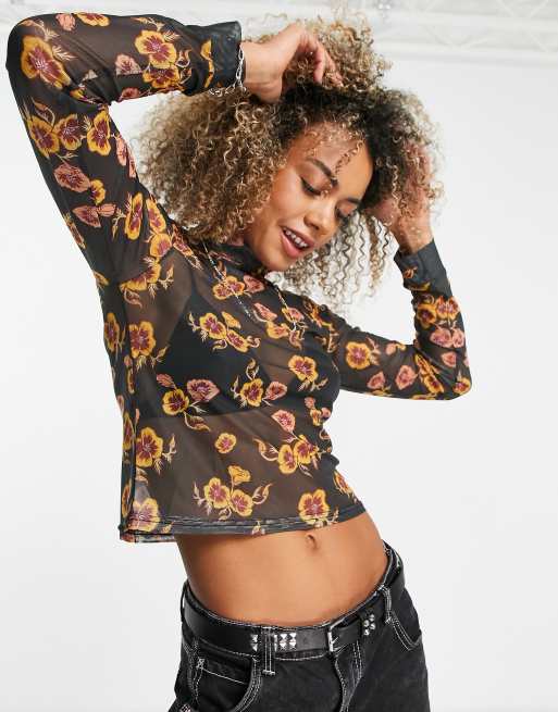 Santa Cruz high neck long sleeve crop top in floral mesh