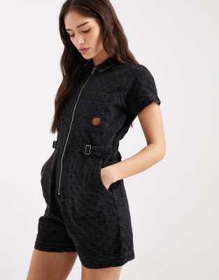 Santa Cruz - Line Up - Kurzer, karierter Utility-Jumpsuit in verwaschenem Schwarz