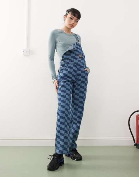 Santa Cruz logo denim dungarees in tonal blue checkerboard - view 1