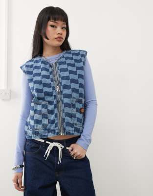 Santa Cruz Santa Cruz logo zip through denim gilet in tonal blue checkerboard