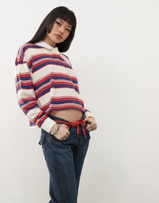 Santa Cruz Santa Cruz long sleeve crop polo top in red and black stripe-Multi