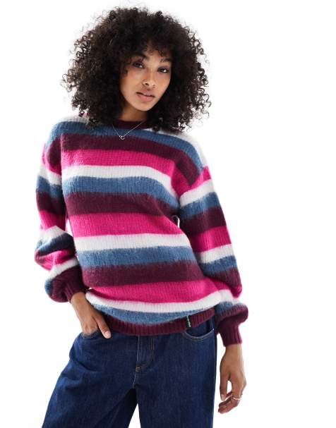 Santa Cruz loose fit fluffy knit striped jumper in multi - view 1