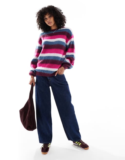 Santa Cruz loose fit fluffy knit striped jumper in multi, 2 of 4