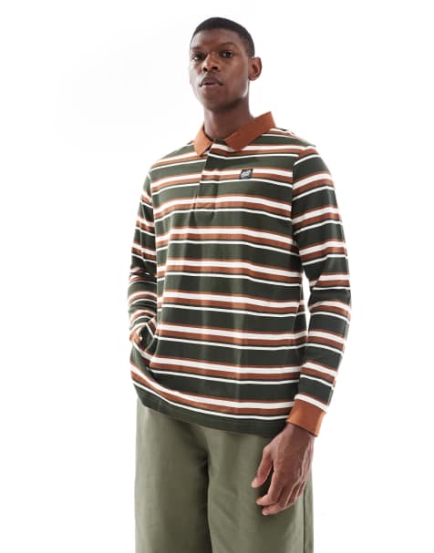 Santa Cruz loose fit long sleeve polo in brown and green stripe - view 1