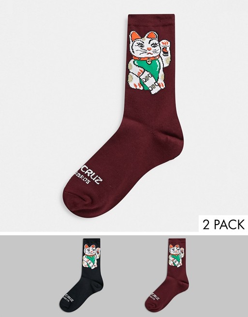 Santa Cruz Lucky Cat 2-pack sock in black/burgundy Exclusive at ASOS