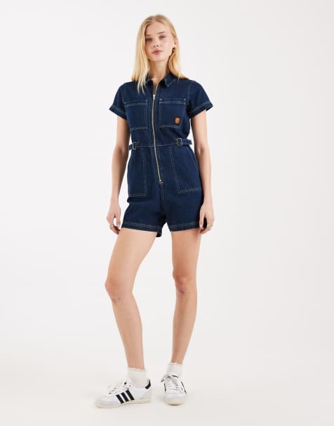 Santa Cruz – Mörkt indigoblå playsuit i denim och cargostil med dragkedja - view 1