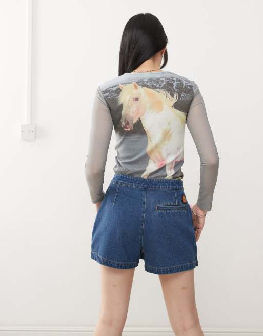 Santa Cruz - Mørkeblå denim-skort med slå-om og logo, 2 af 5