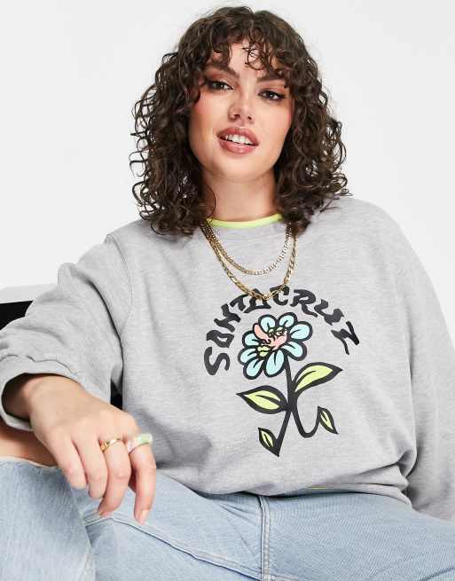 Santa Cruz Plus delfino flower motif crew neck sweatshirt in heather grey, 3 of 4