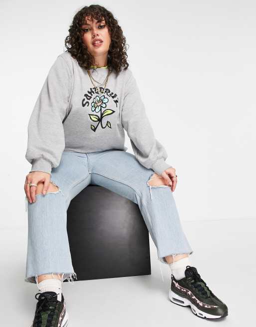 Santa Cruz Plus delfino flower motif crew neck sweatshirt in heather grey, 4 of 4