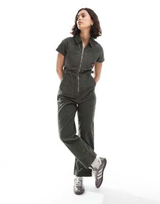 Santa Cruz Santa Cruz regular cord zip through short sleeve jumpsuit in khaki-Green