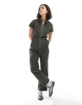 [Santa Cruz] Santa Cruz regular cord zip through short sleeve jumpsuit in khaki-Green 12 Dark Moss