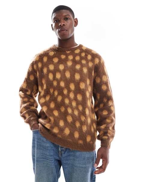 Santa Cruz regular fit fuzzy knitted jumper in brown and yellow - view 1