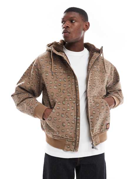 Santa Cruz regular fit two way zip hooded jacket with sherpa lining in brown print - view 1