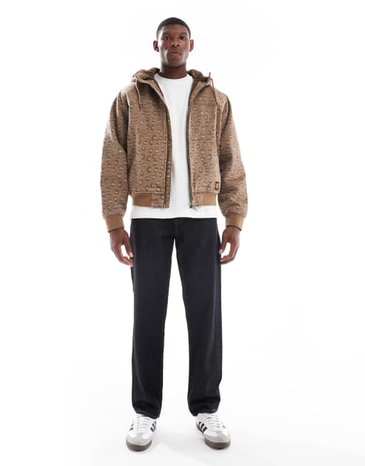 Santa Cruz regular fit two way zip hooded jacket with sherpa lining in brown print, 2 of 5