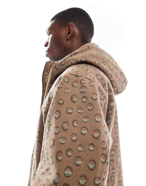 Santa Cruz regular fit two way zip hooded jacket with sherpa lining in brown print, 3 of 5