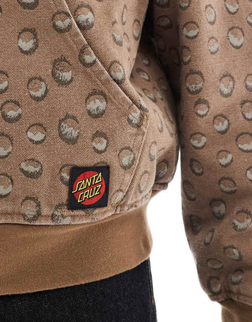 Santa Cruz regular fit two way zip hooded jacket with sherpa lining in brown print, 4 of 5