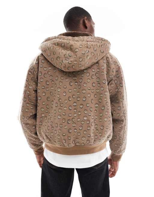 Santa Cruz regular fit two way zip hooded jacket with sherpa lining in brown print, 5 of 5