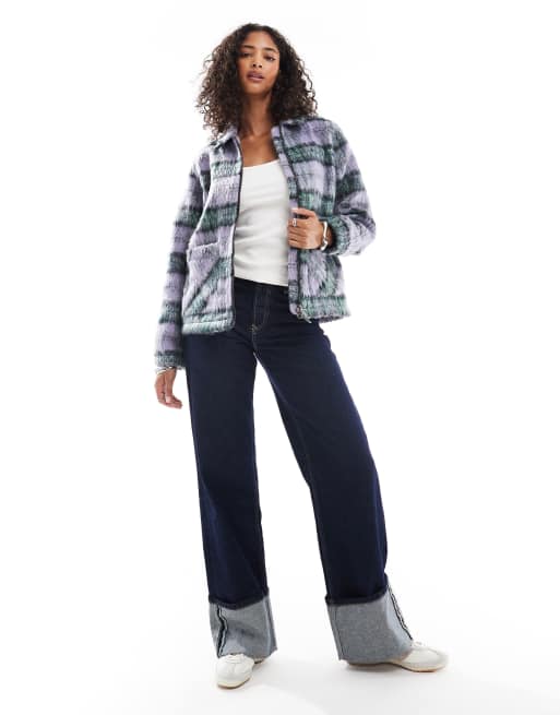 Santa Cruz relaxed two way zip shacket in lilac and green check, 2 of 4