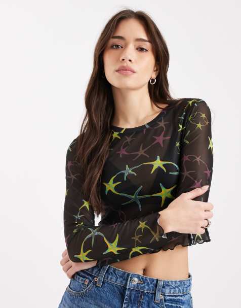 Santa Cruz – Sjöstjärnemönstrad crop top med långa ärmar i mesh - view 1