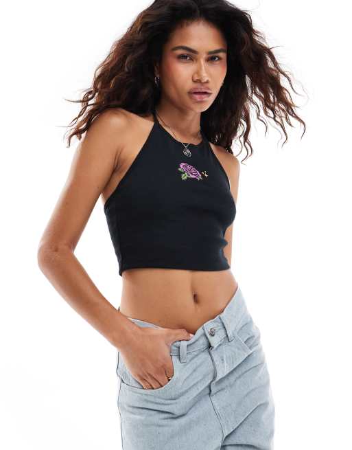 Santa Cruz - Sort top med halterneck og broderi