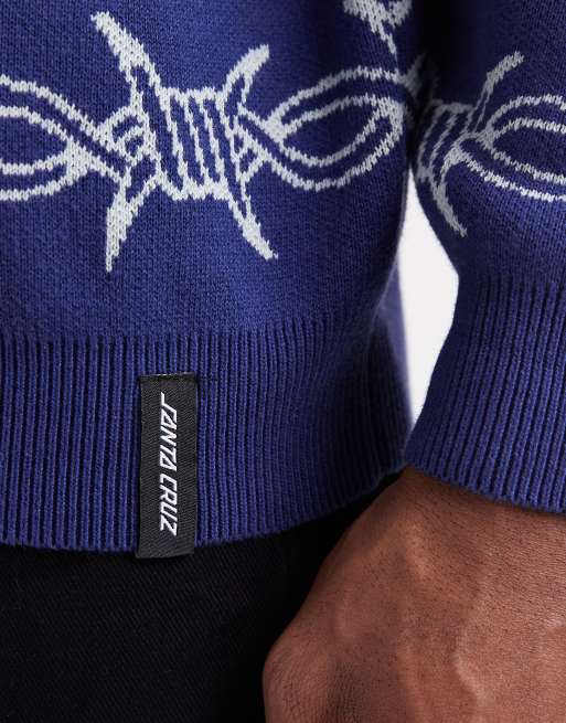 Santa Cruz – Strickpullover in Blau mit Stacheldraht-Monogramm-Motiv, 5 von 5