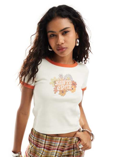 Santa Cruz - T-shirt griffé à bords contrastants et motif fleuri - Blanc