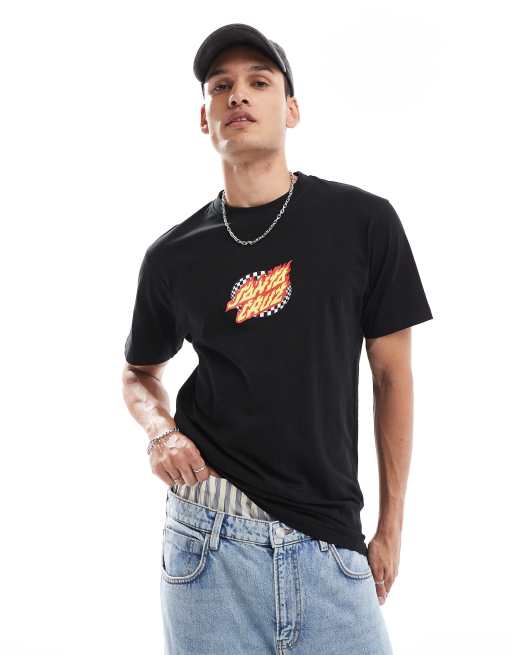 Santa Cruz - T-shirt met ovaalvormig geruit logo met vlammen in zwart