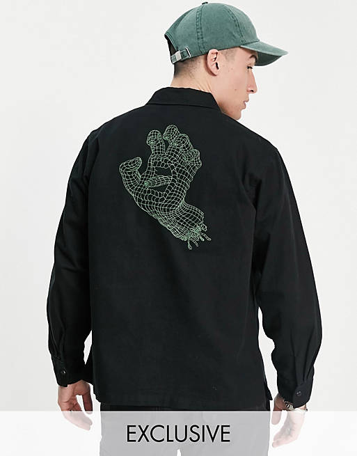 Santa Cruz wireframe embroidered screaming hand full-zip overshirt in black exclusive to ASOS