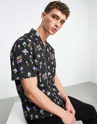 Santa Cruz x ASOS co-ord revere collared shirt in black with mushroom all over print