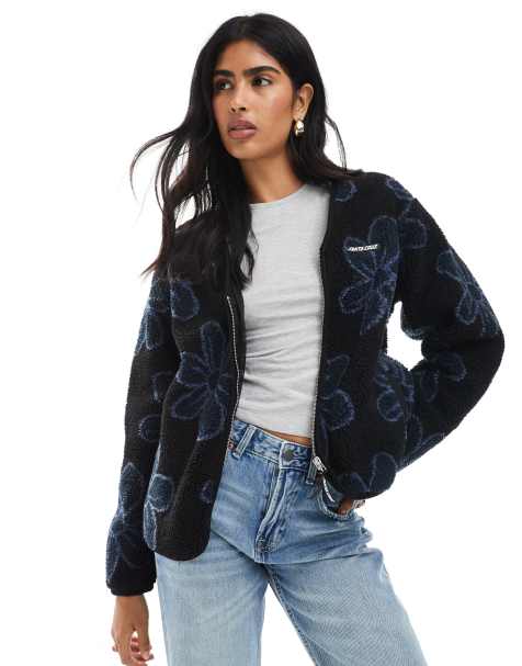 Santa Cruz relaxed v neck sherpa zip jacket in black daisy print