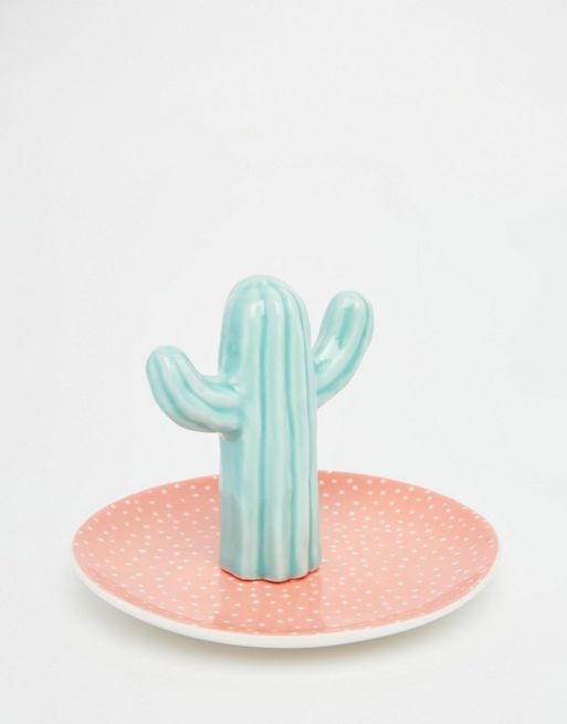 Cactus Ring Holder Dish Ceramic Cactus with Little Flowers Jewelry