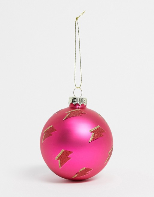 Sass & Belle Christmas bauble in pink glitter with lightening print
