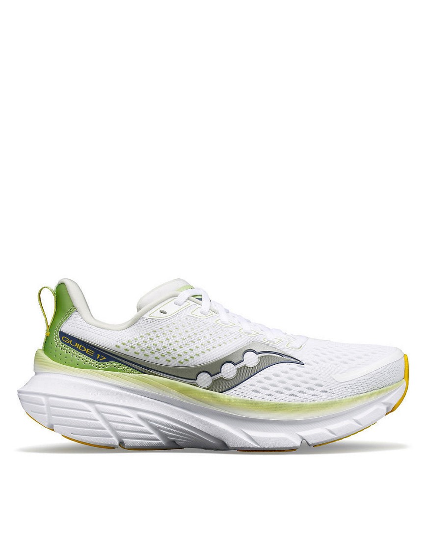 Saucony Guide 17 structured cushioning running trainers in white and fern