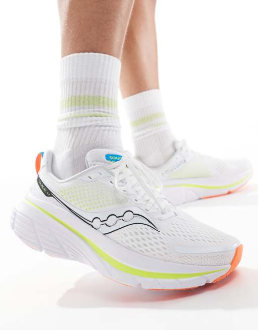 Saucony Guide 17 structured cushioning running trainers in white and yellow