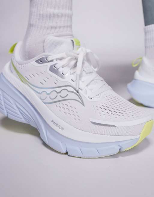 Saucony Guide 18 max cushioning trainers in white and ice melt | ASOS