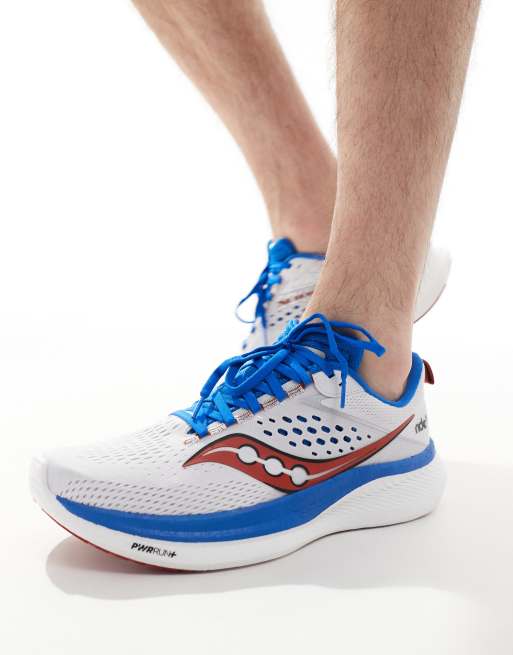 Saucony Ride 17 neutral running sneakers in white and cobalt