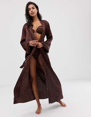 Savage X Fenty Animal Print Satin Long Kimono Robe In Toffee Leopard Asos