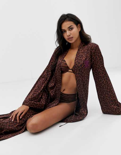 Savage X Fenty Animal Print Satin Long Kimono Robe In Toffee Leopard Asos