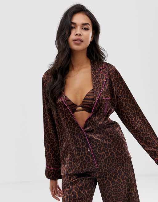 Savage x Fenty animal print satin pyjama top in toffee leopard ASOS