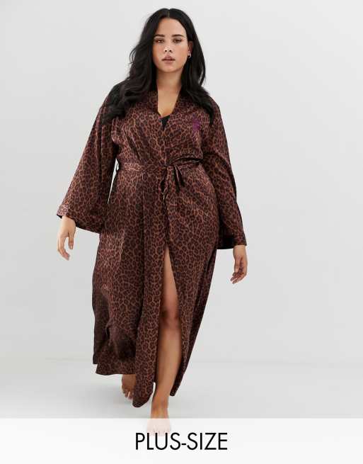 Savage X Fenty Curvy Animal Print Satin Long Kimono Robe In Toffee Leopard Asos