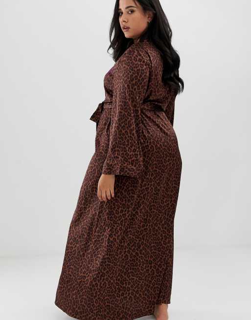 Savage X Fenty Curvy Animal Print Satin Long Kimono Robe In Toffee Leopard Asos