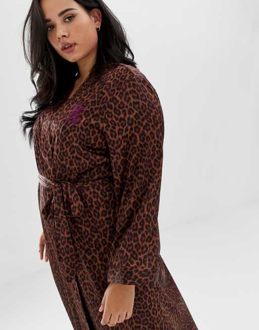 Savage X Fenty Curvy Animal Print Satin Long Kimono Robe In Toffee Leopard Asos