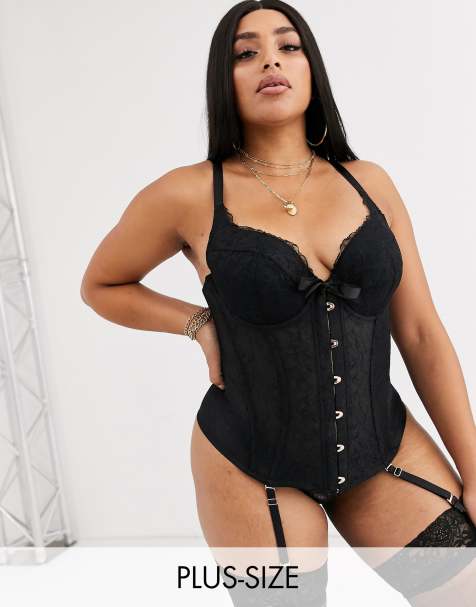 Savage x Fenty – Große Größen – Schwarze Korsage mit bestickter Spitze