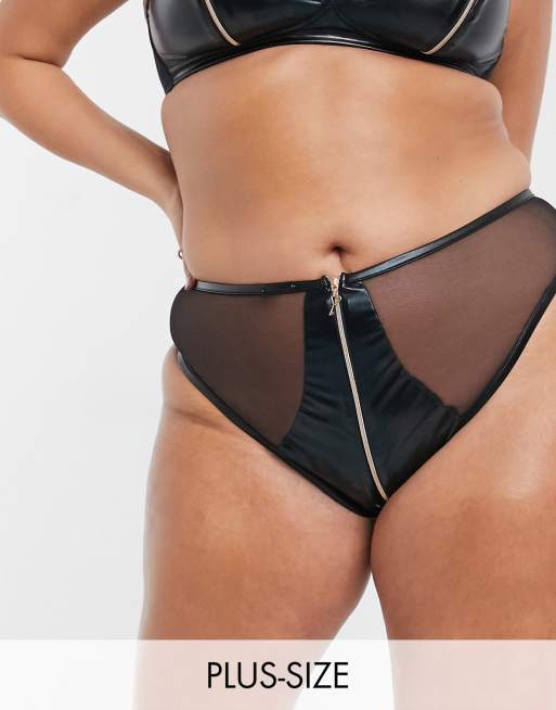 Savage x Fenty Plus Size Locket Down vinyl zip high leg bikini brief in black