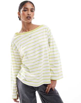 asymmetric stripes long sleeve tee in lime stripes-Green