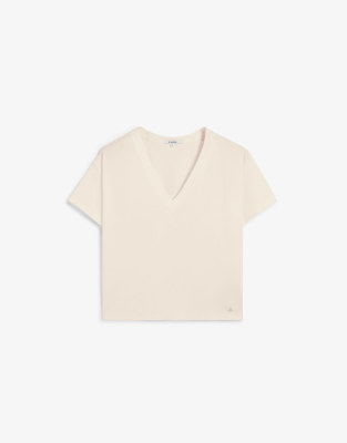 Scalpers - Basic-T-Shirt in Ecru mit V-Ausschnitt und Totenkopfmotiv-Neutral