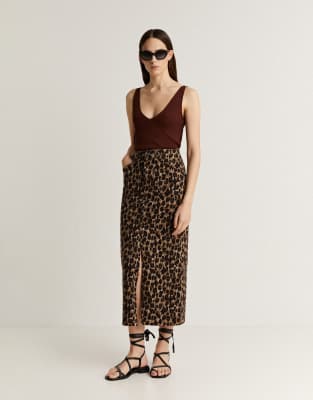 Scalpers - Bedruckter Jeans-Maxirock mit Leopardenmuster-Braun